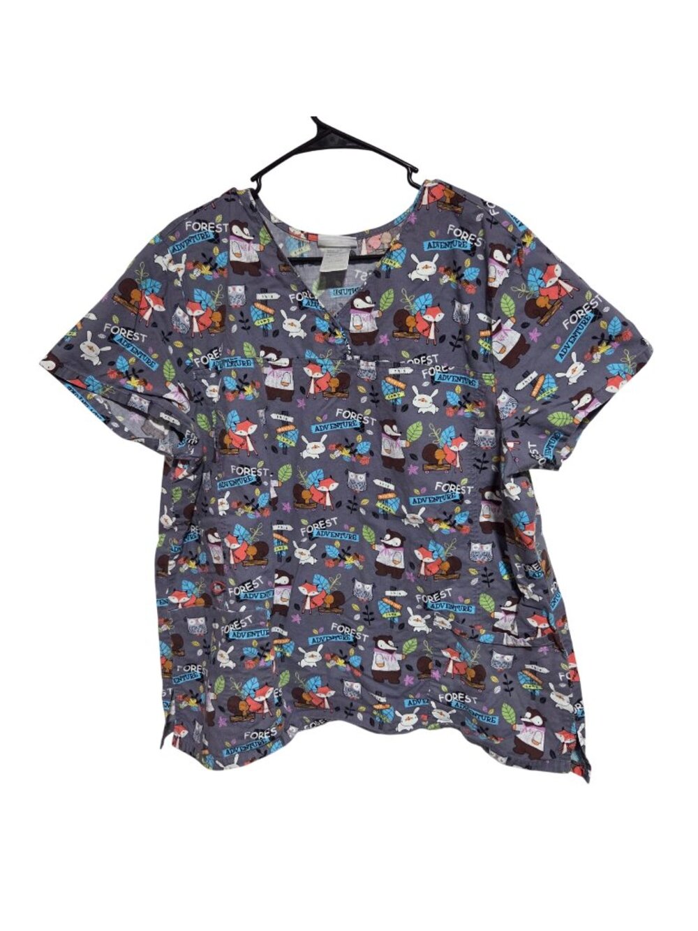 ScrubStar Scrub Top Plus Size 2X Forest Adventure Print Gray Short Sleeve V-Neck